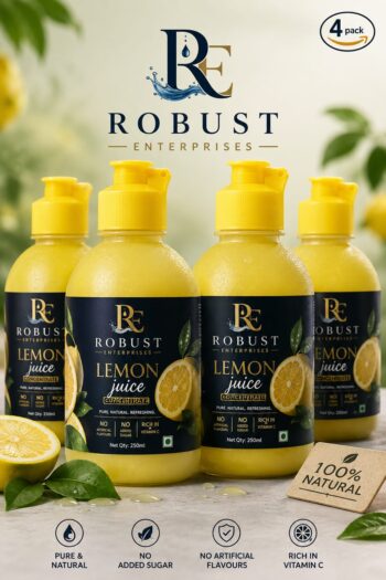 Yellow Lemon Juice Concentrate – Pack of 4 (1000ml) | Equivalent to 100 Lemons | Pocket Bottle | Easy to Use in Cooking, Beverages, Shikanji, Lemonade & More