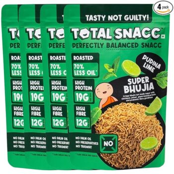 Roasted Bhujia Pudina Lime (125g x 4 Packs) | High Protein 19g, High Fibre 12g | 70% Less Oil | No Palm Oil | Baked Bhujiya | Healthy Namkeen | High Protein Snacks | Diabetic Friendly | Millet Bhujia | Low Calorie
